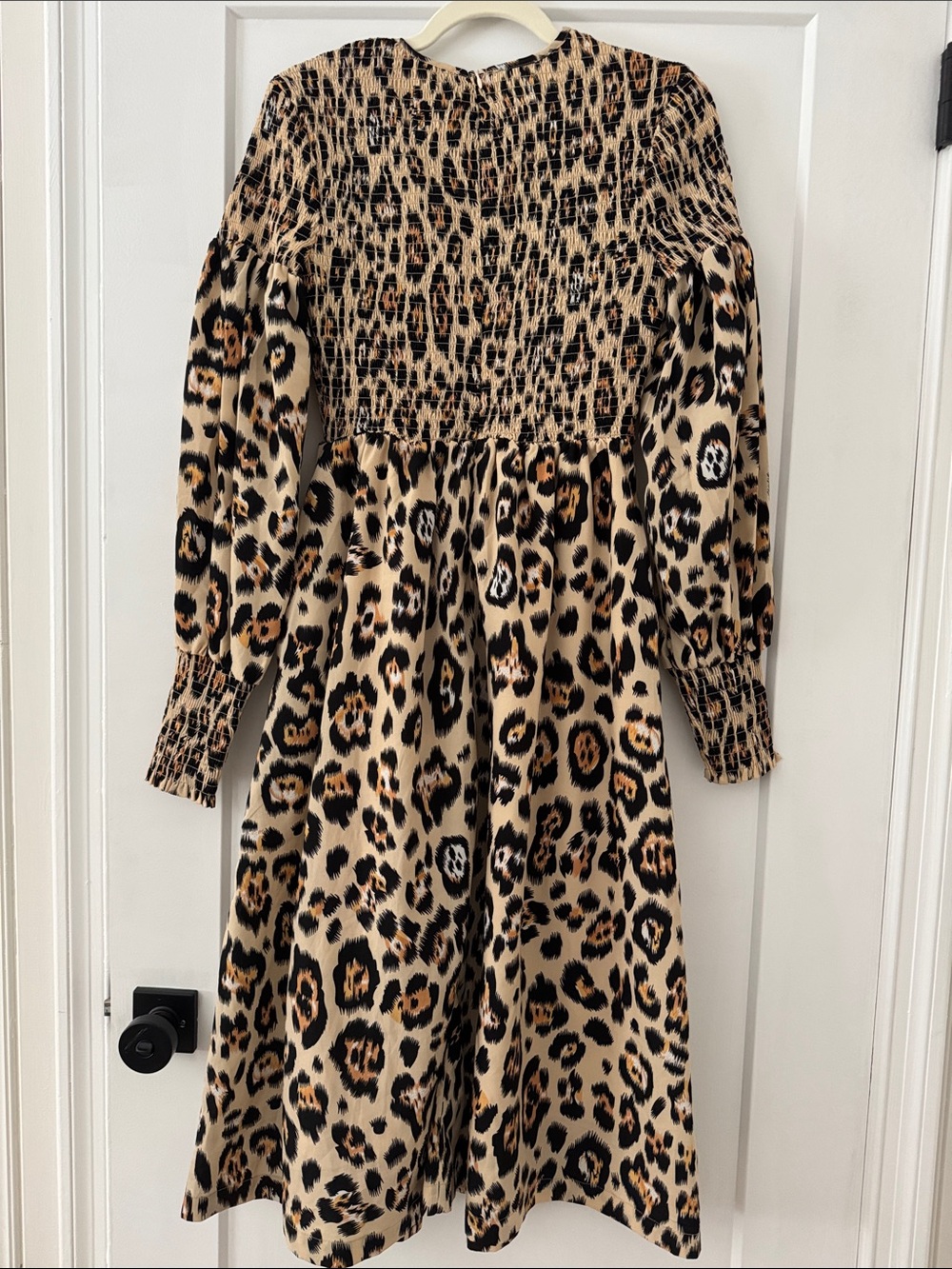 Leopard Print Long Sleeve Smocked Midi Dress - Beige/Tan - Picture 7 of 8